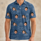 Model wearing Men's Bridal Batter Custom Face Polo Shirt printed with kids' faces