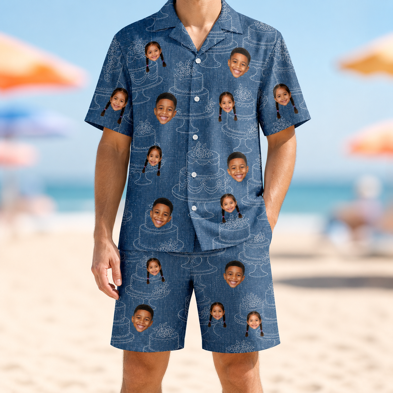 Model wearing Men's Bridal Batter Custom Face Shirt & Shorts Set printed with kids' faces