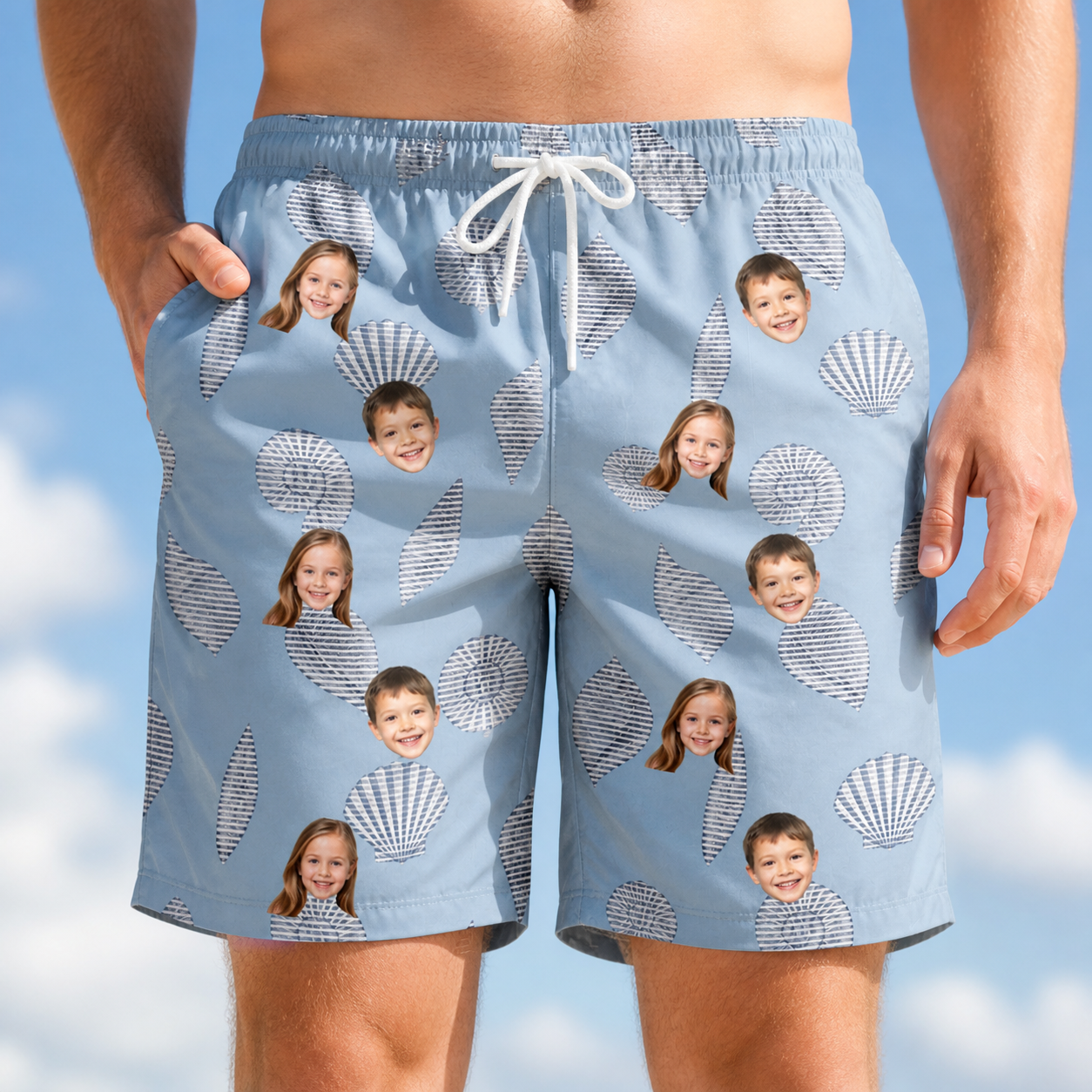 Model wearing Men's Pearl Parade Custom Face Beach Shorts printed with kids' faces