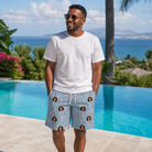Real-life photo of someone wearing Men's Pearl Parade Custom Face Beach Shorts — custom faces printed all-over