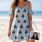 Woman wearing Women's Pearl Parade Custom Face Off-Shoulder Dress — custom faces printed all-over