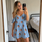 Real-life photo of someone wearing Women's Pearl Parade Custom Face Off-Shoulder Dress — custom faces printed all-over