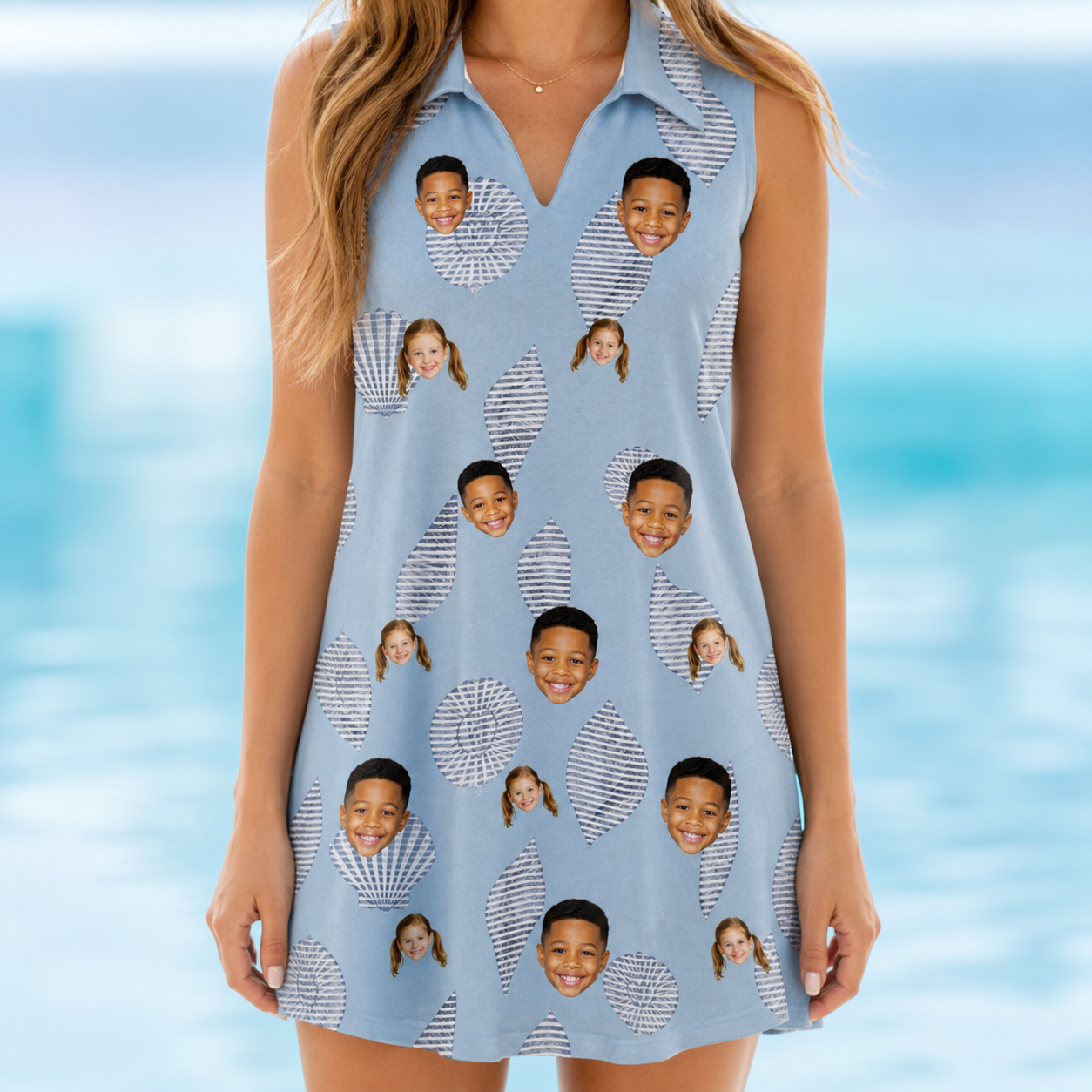 Model wearing Women's Pearl Parade Custom Face V-Neck Dress printed with kids' faces