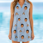 Model wearing Women's Pearl Parade Custom Face V-Neck Dress printed with kids' faces