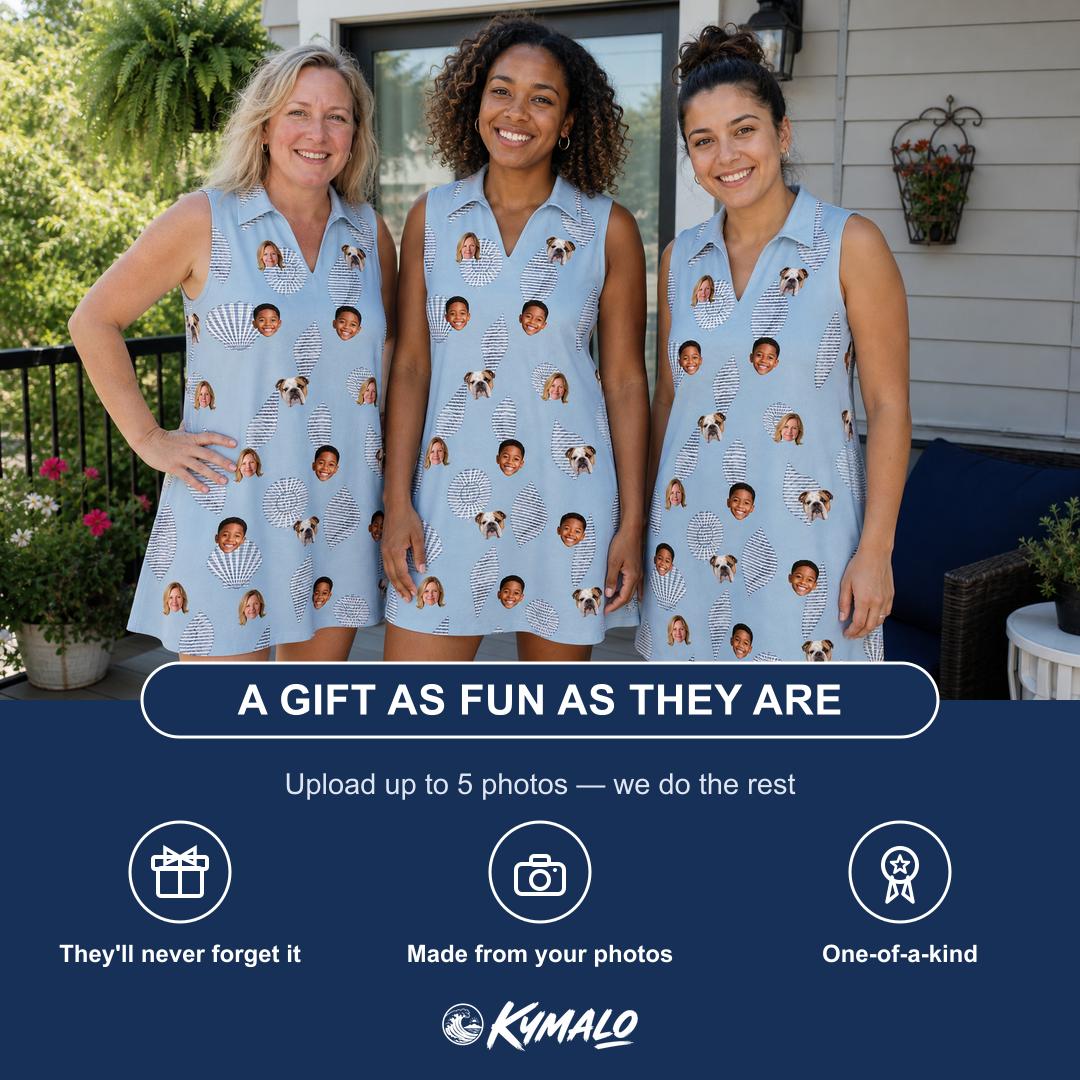 Friends in matching Women's Pearl Parade Custom Face V-Neck Dress — a group gift photo