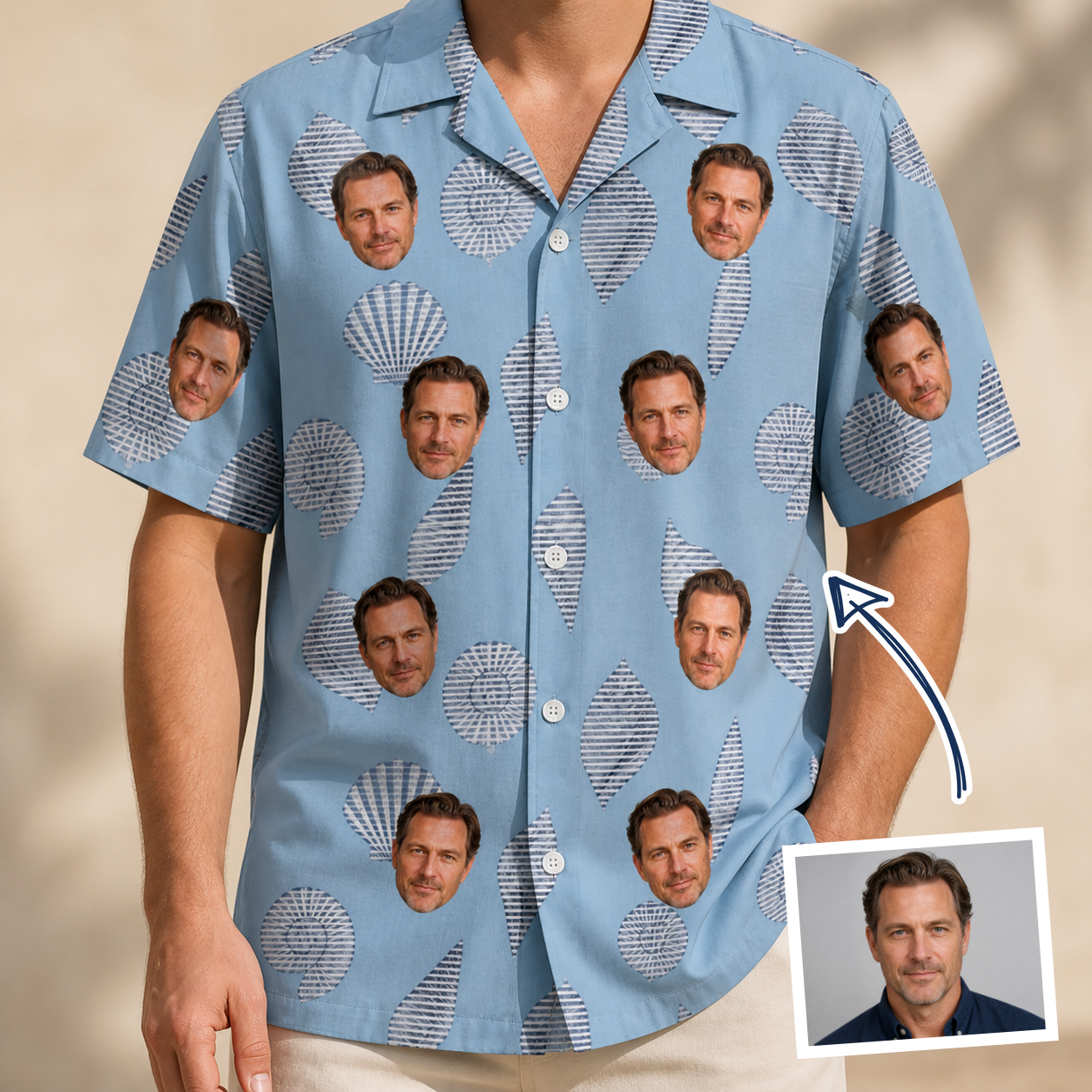 Man wearing Men's Pearl Parade Custom Face Hawaiian Shirt — custom faces printed all-over