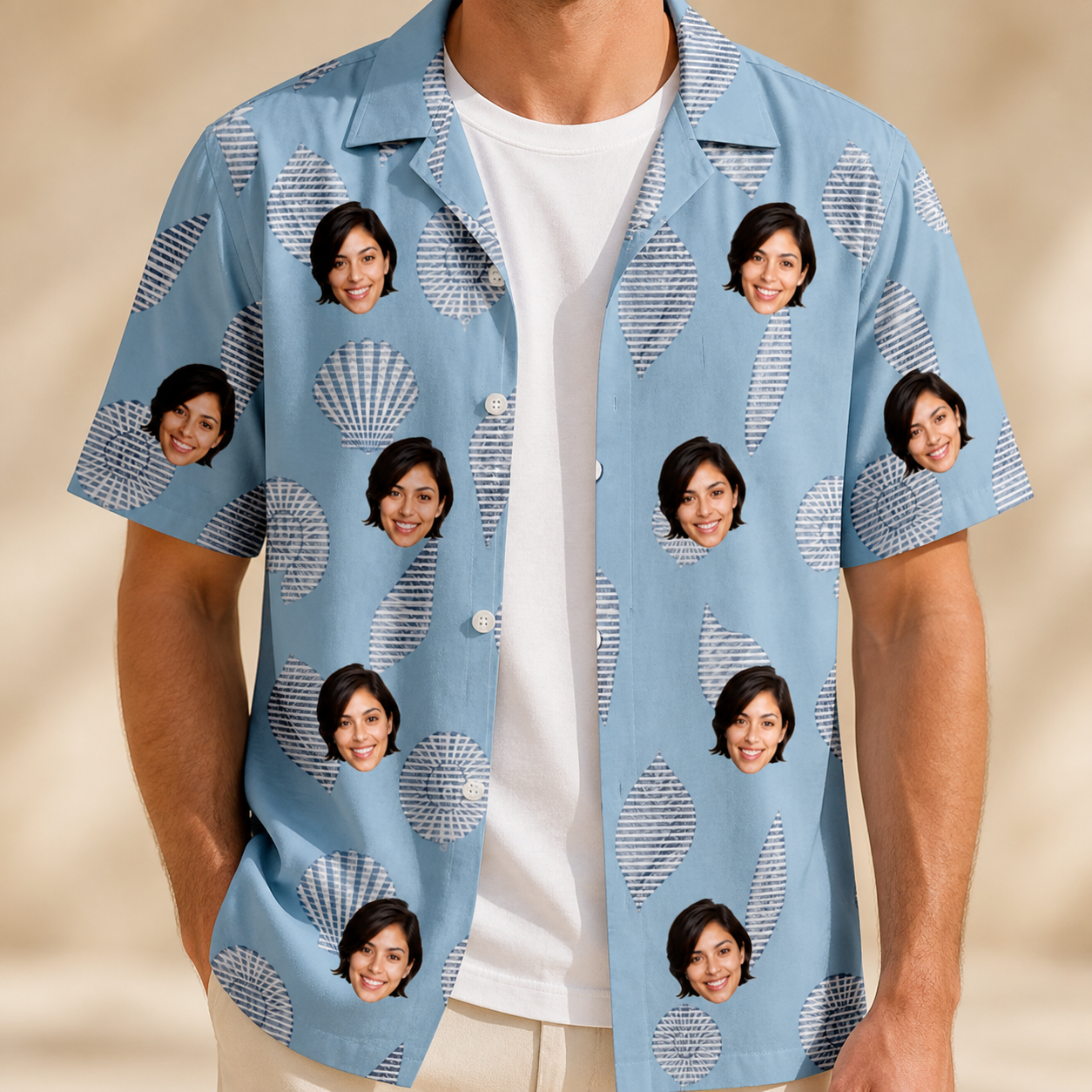 Man wearing Men's Pearl Parade Custom Face Hawaiian Shirt open over a white tee