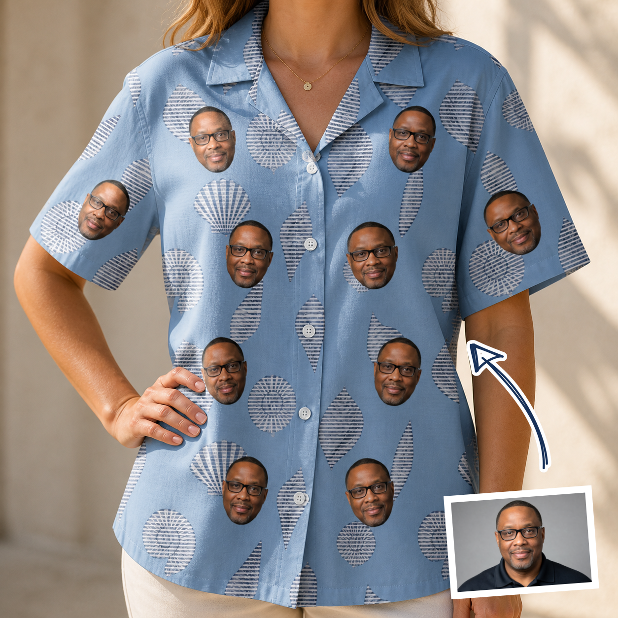 Woman wearing Women's Pearl Parade Custom Face Hawaiian Shirt — custom faces printed all-over