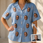 Woman wearing Women's Pearl Parade Custom Face Hawaiian Shirt — custom faces printed all-over
