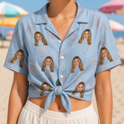 Woman wearing Women's Pearl Parade Custom Face Hawaiian Shirt tied at the waist