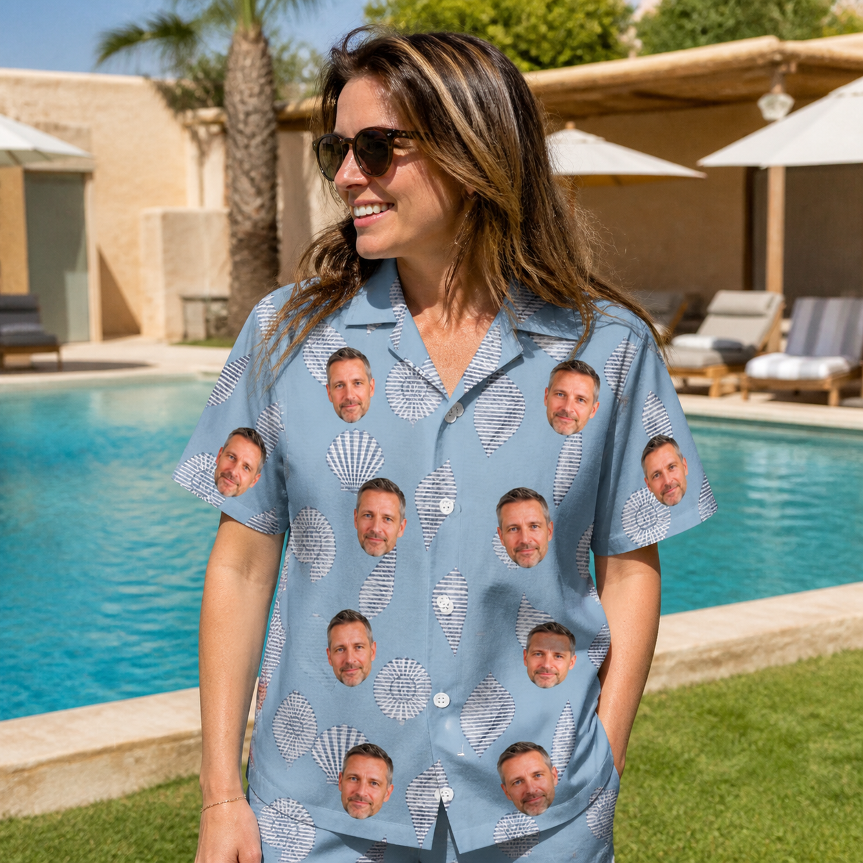 Real-life photo of someone wearing Women's Pearl Parade Custom Face Hawaiian Shirt — custom faces printed all-over