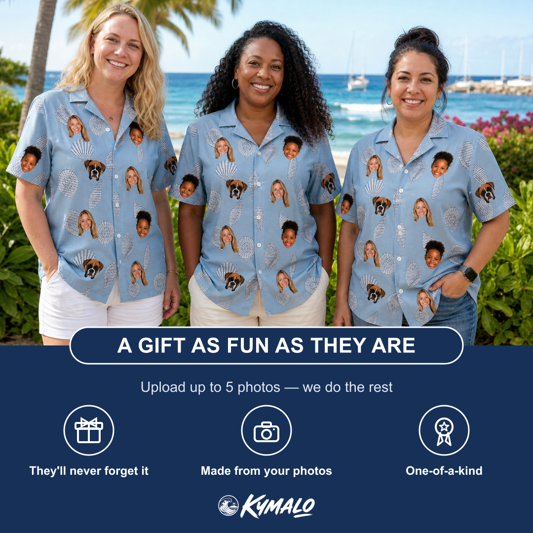 Friends in matching Women's Pearl Parade Custom Face Hawaiian Shirt — a group gift photo