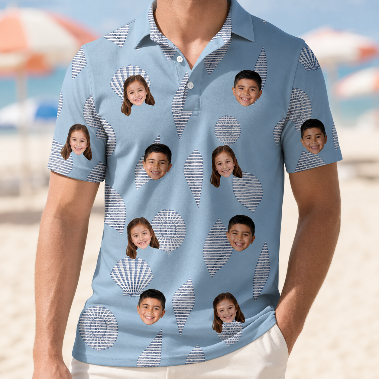 Model wearing Men's Pearl Parade Custom Face Polo Shirt printed with kids' faces