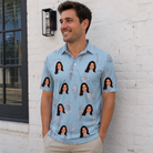 Real-life photo of someone wearing Men's Pearl Parade Custom Face Polo Shirt — custom faces printed all-over