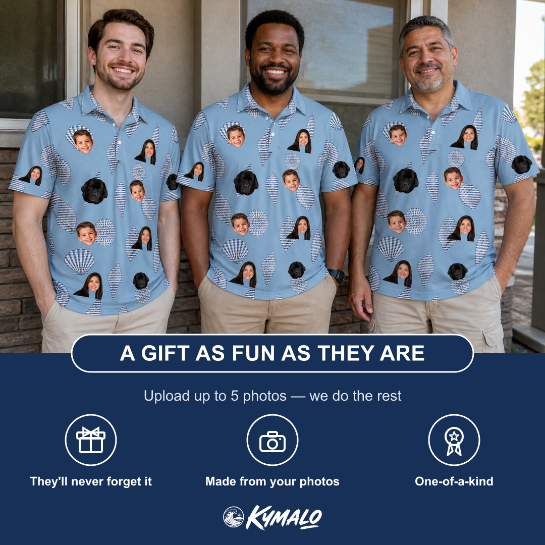 Friends in matching Men's Pearl Parade Custom Face Polo Shirt — a group gift photo
