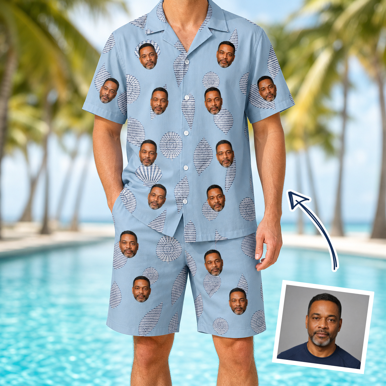 Man wearing Men's Pearl Parade Custom Face Shirt & Shorts Set — custom faces printed all-over