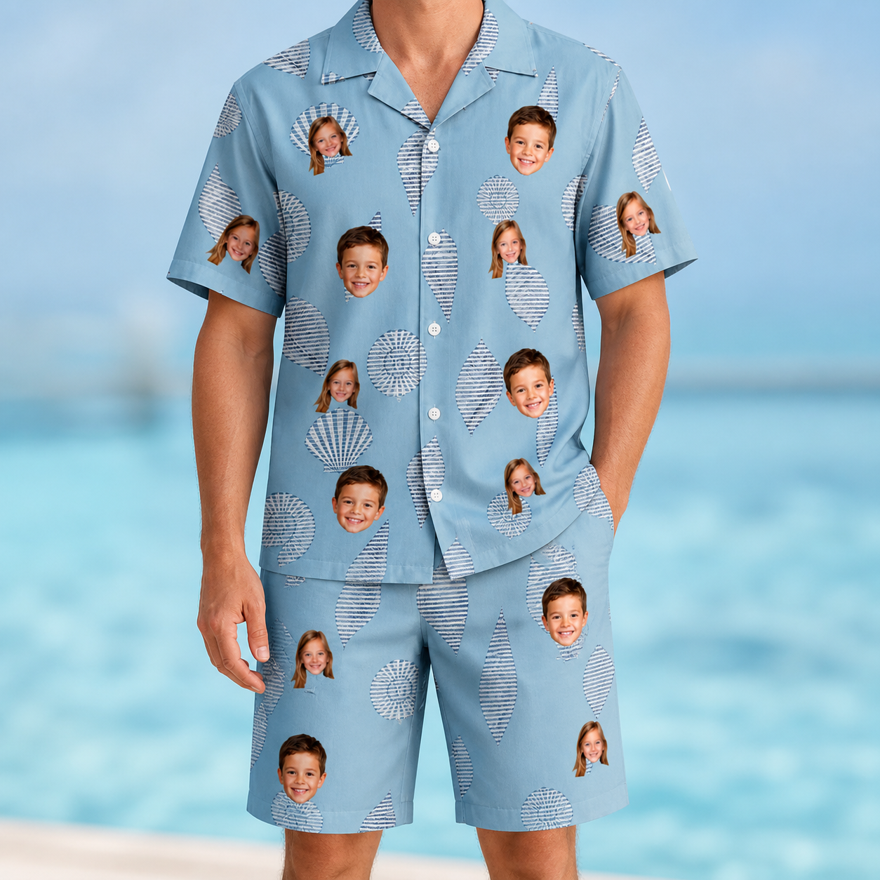 Model wearing Men's Pearl Parade Custom Face Shirt & Shorts Set printed with kids' faces