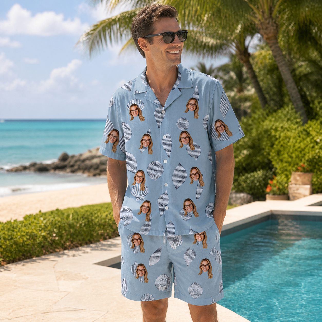 Real-life photo of someone wearing Men's Pearl Parade Custom Face Shirt & Shorts Set — custom faces printed all-over