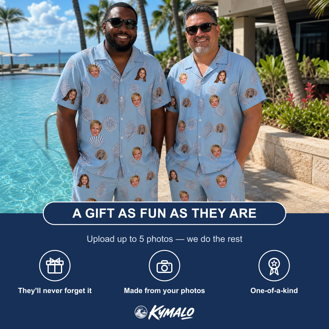 Friends in matching Men's Pearl Parade Custom Face Shirt & Shorts Set — a group gift photo
