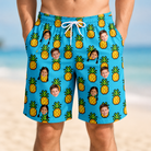 Model wearing Men's Pineapple Pals Custom Face Beach Shorts printed with kids' faces