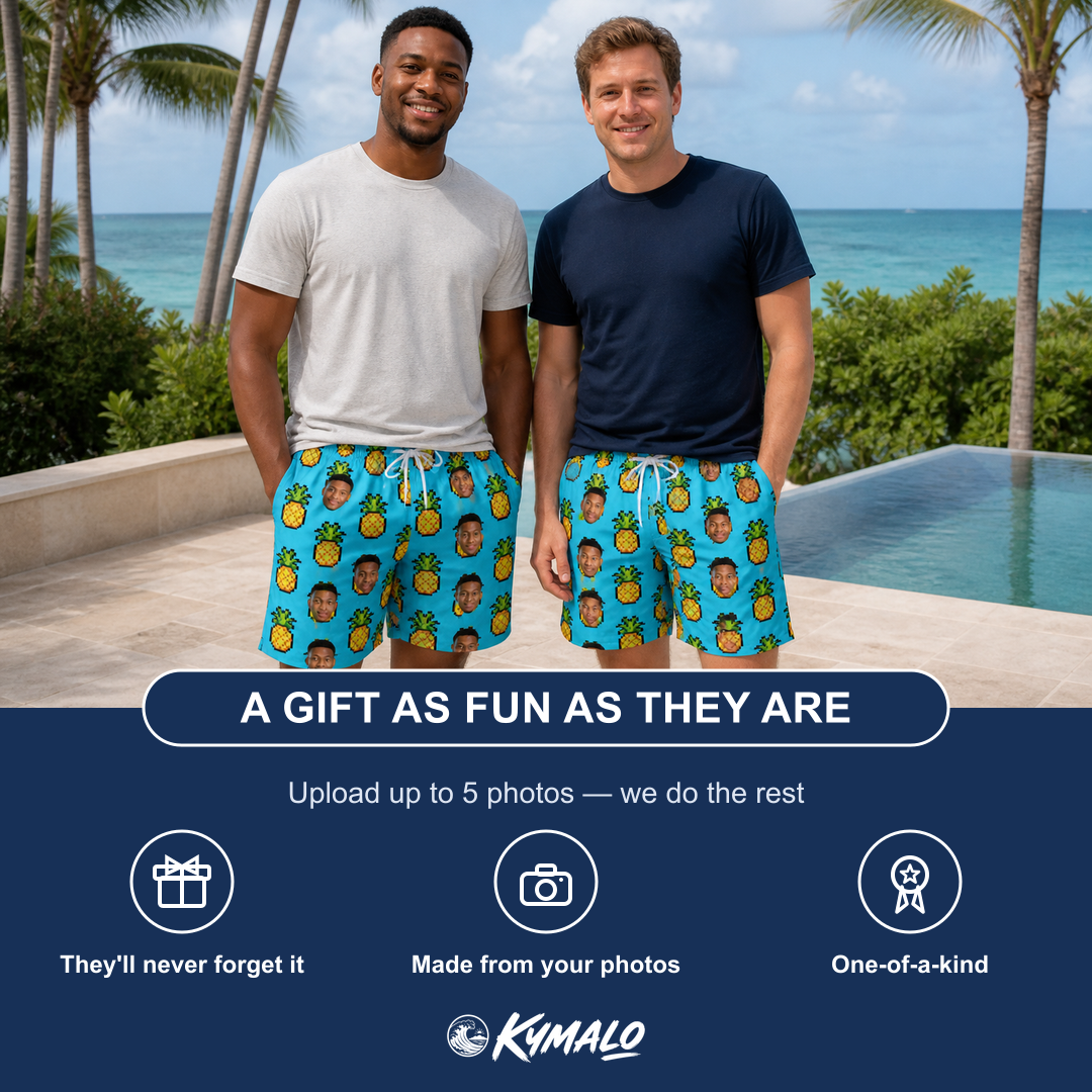 Friends in matching Men's Pineapple Pals Custom Face Beach Shorts — a group gift photo