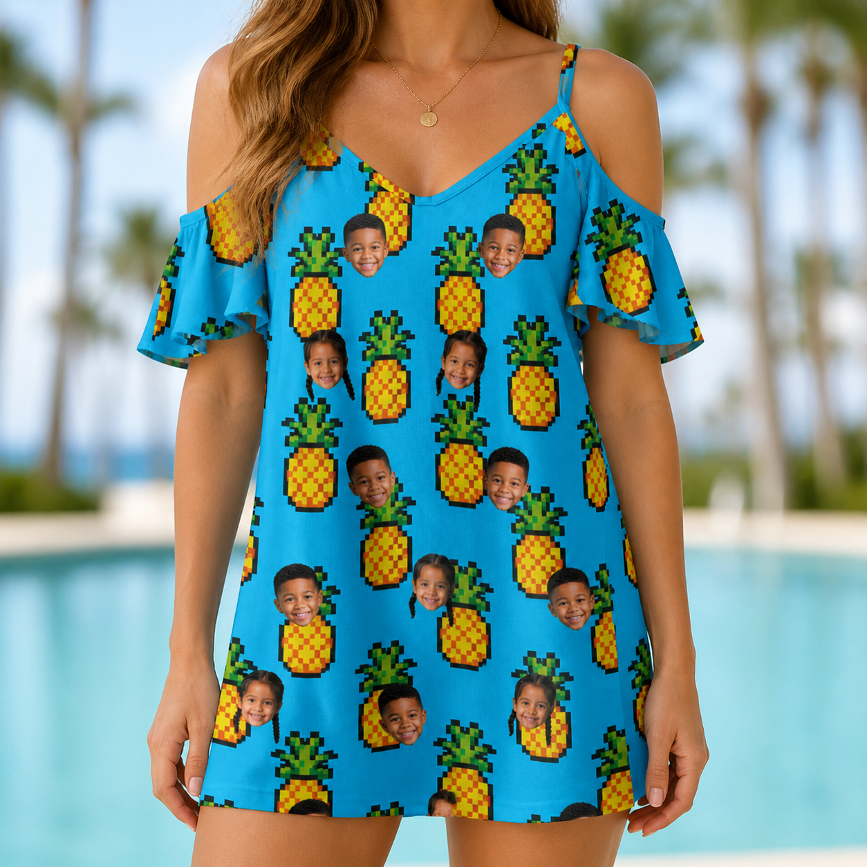 Model wearing Women's Pineapple Pals Custom Face Off-Shoulder Dress printed with kids' faces