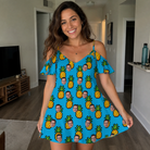 Real-life photo of someone wearing Women's Pineapple Pals Custom Face Off-Shoulder Dress — custom faces printed all-over