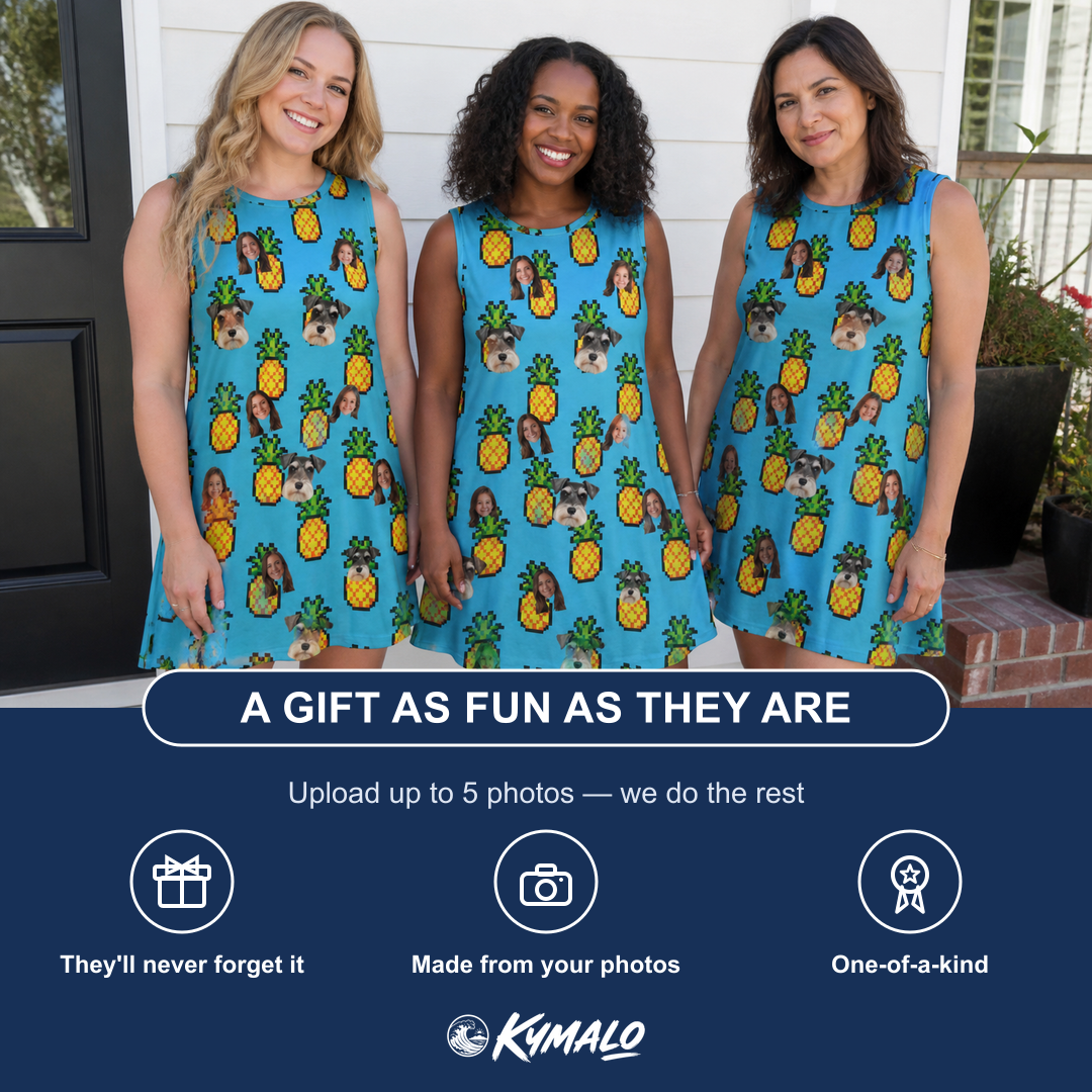 Friends in matching Women's Pineapple Pals Custom Face Tank Dress — a group gift photo