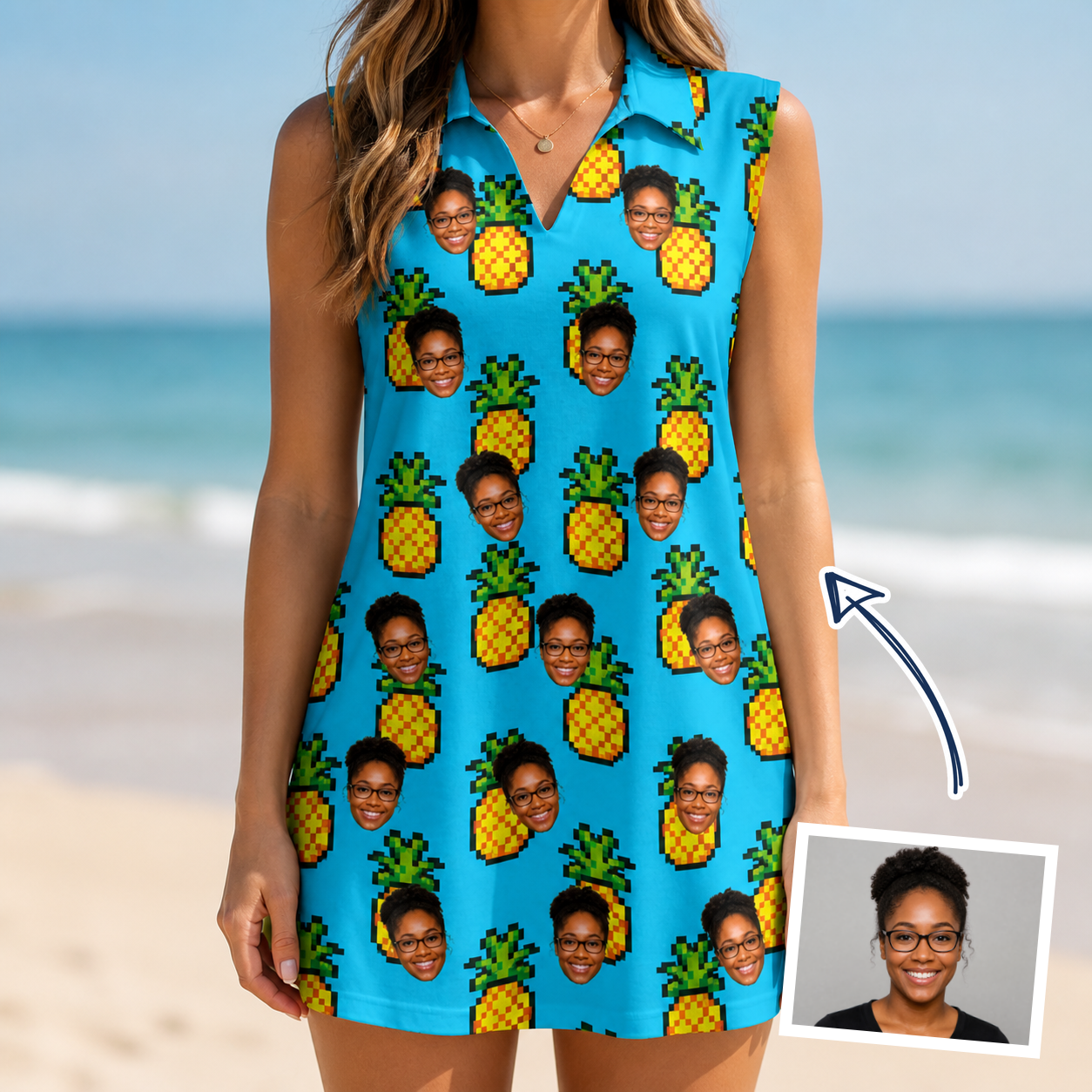 Woman wearing Women's Pineapple Pals Custom Face V-Neck Dress — custom faces printed all-over