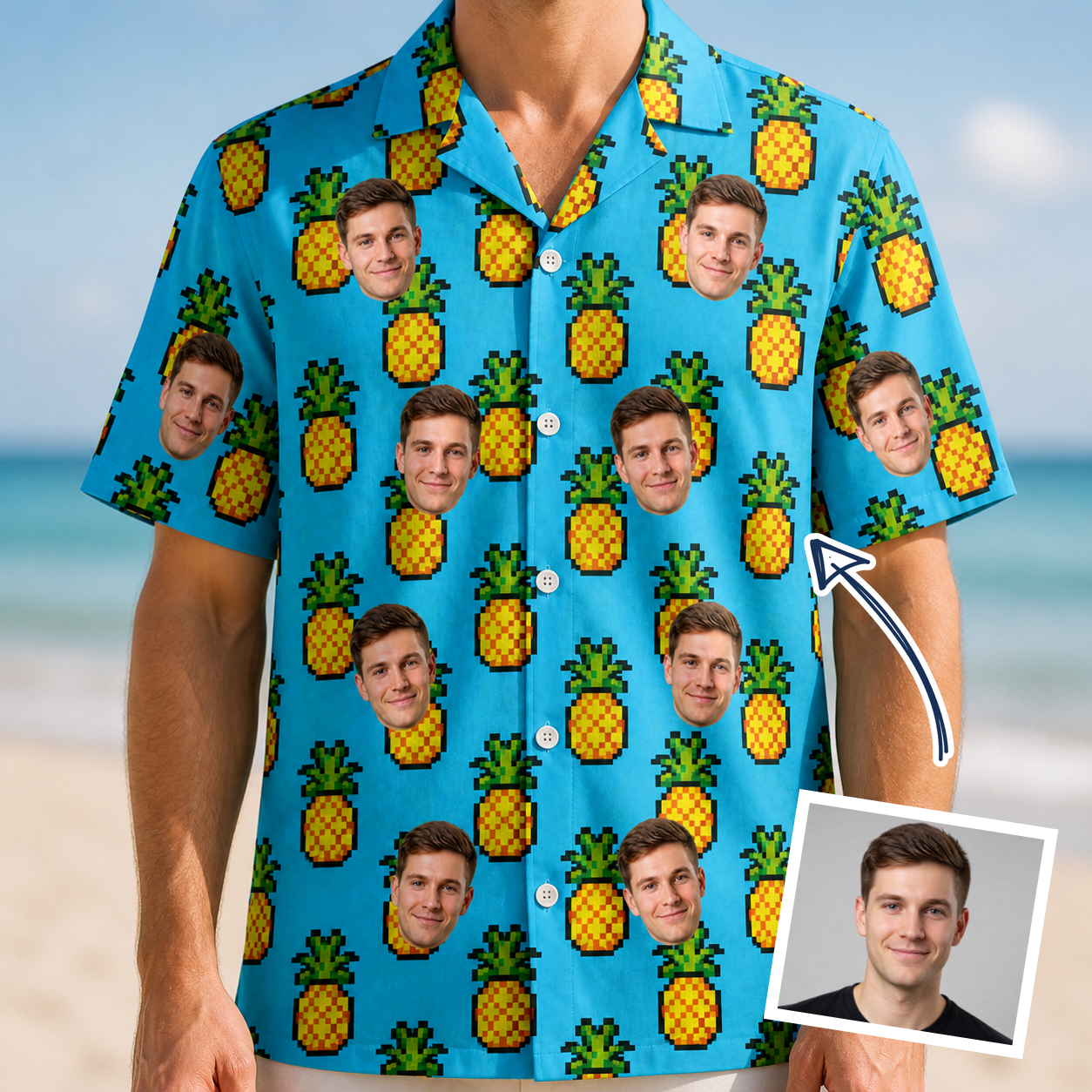 Man wearing Men's Pineapple Pals Custom Face Hawaiian Shirt — custom faces printed all-over