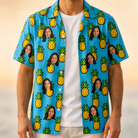 Man wearing Men's Pineapple Pals Custom Face Hawaiian Shirt open over a white tee