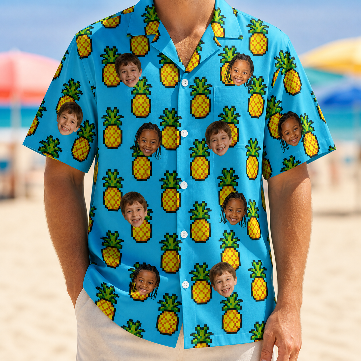 Model wearing Men's Pineapple Pals Custom Face Hawaiian Shirt printed with kids' faces