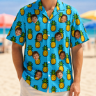 Model wearing Men's Pineapple Pals Custom Face Hawaiian Shirt printed with kids' faces