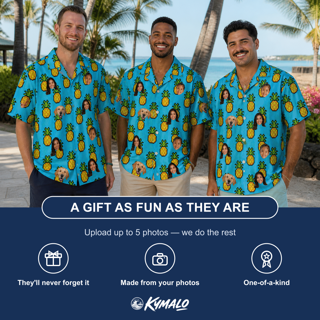 Friends in matching Men's Pineapple Pals Custom Face Hawaiian Shirt — a group gift photo
