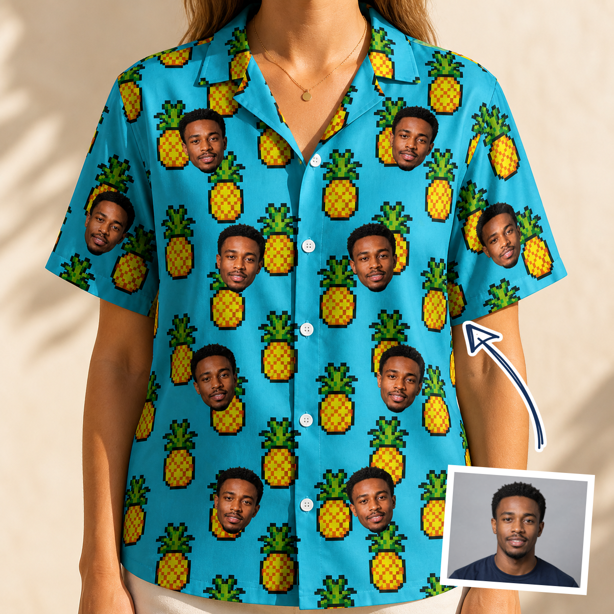 Woman wearing Women's Pineapple Pals Custom Face Hawaiian Shirt — custom faces printed all-over