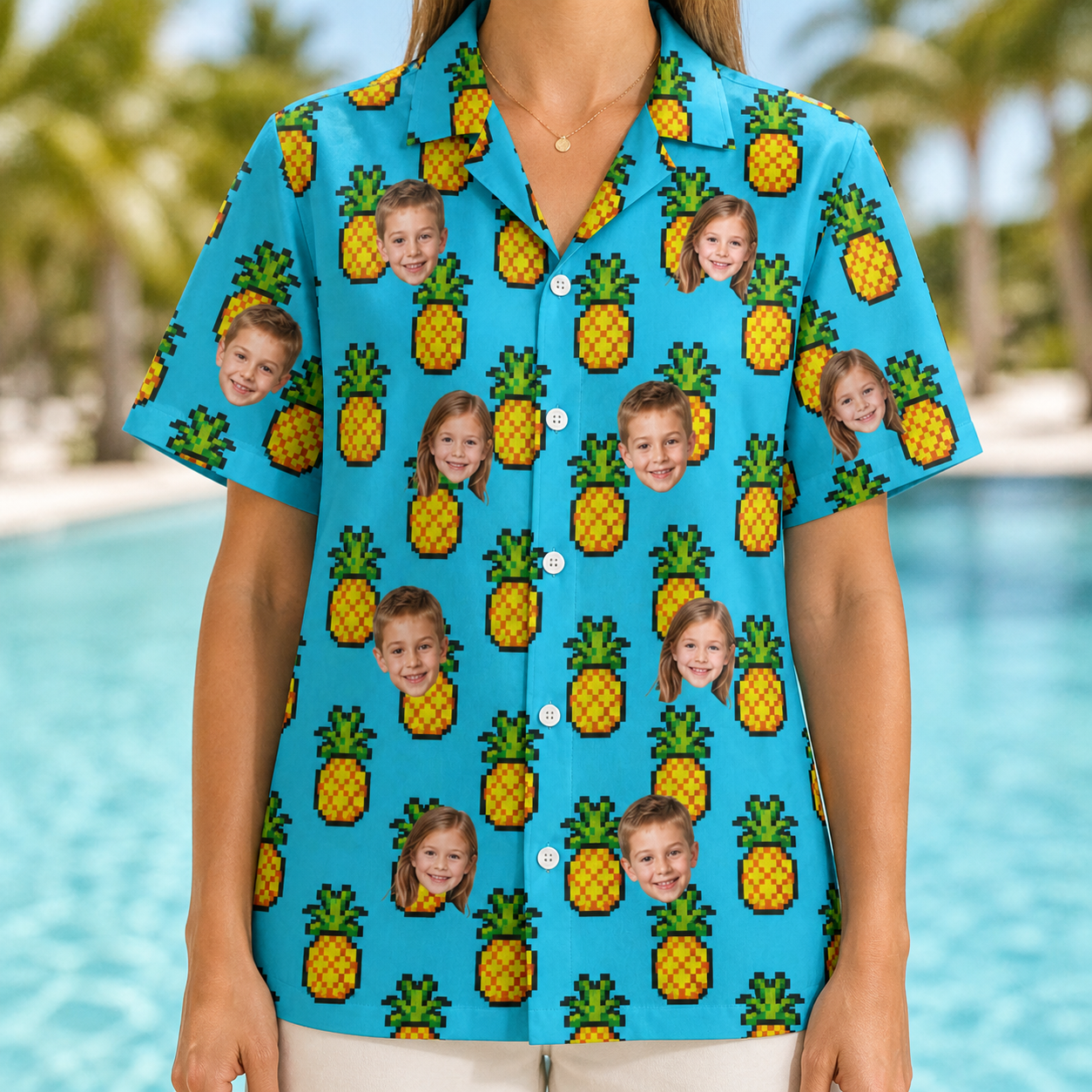 Model wearing Women's Pineapple Pals Custom Face Hawaiian Shirt printed with kids' faces