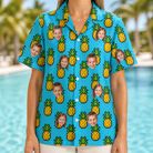 Model wearing Women's Pineapple Pals Custom Face Hawaiian Shirt printed with kids' faces