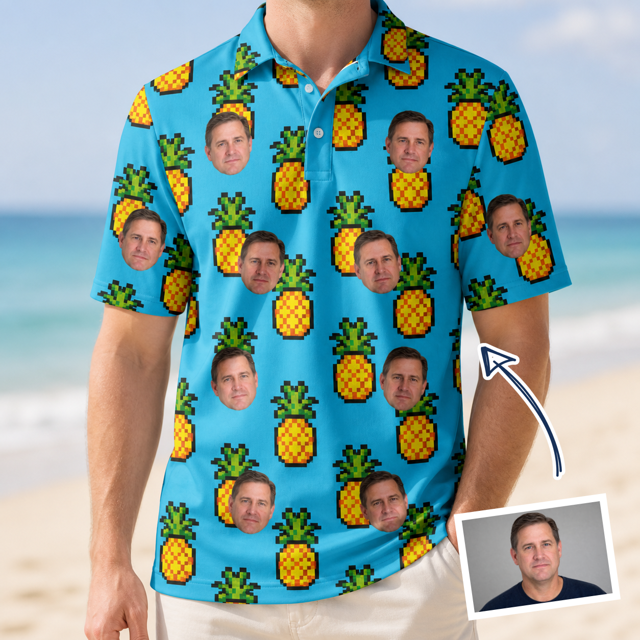 Man wearing Men's Pineapple Pals Custom Face Polo Shirt — custom faces printed all-over
