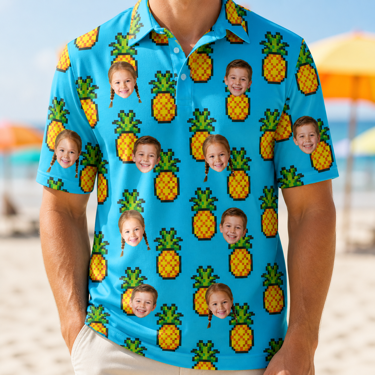 Model wearing Men's Pineapple Pals Custom Face Polo Shirt printed with kids' faces