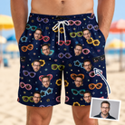 Man wearing Men's Ray Reunion Custom Face Beach Shorts — custom faces printed all-over
