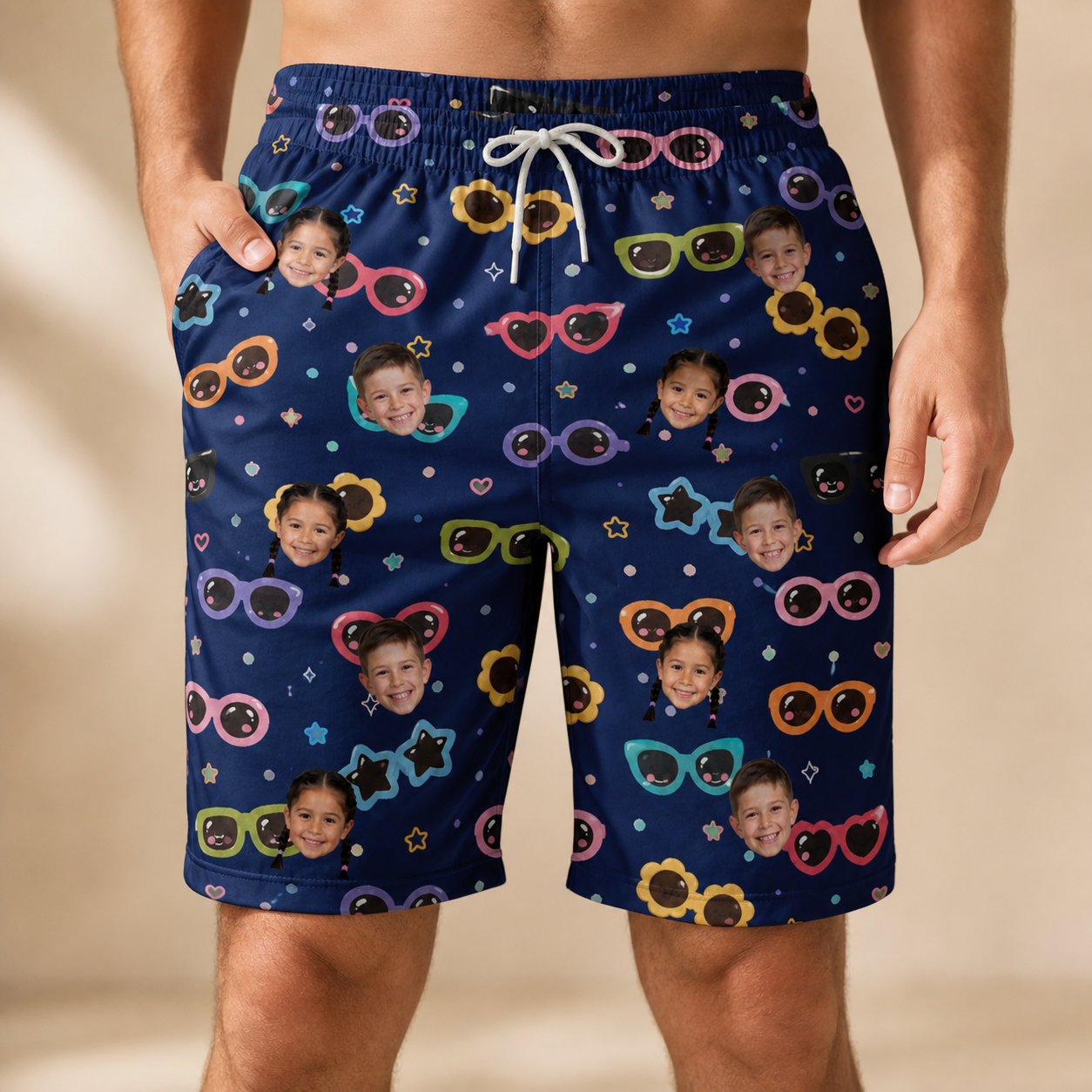 Model wearing Men's Ray Reunion Custom Face Beach Shorts printed with kids' faces
