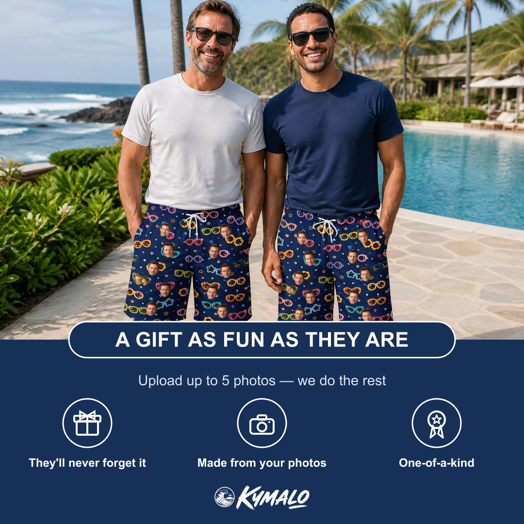 Friends in matching Men's Ray Reunion Custom Face Beach Shorts — a group gift photo