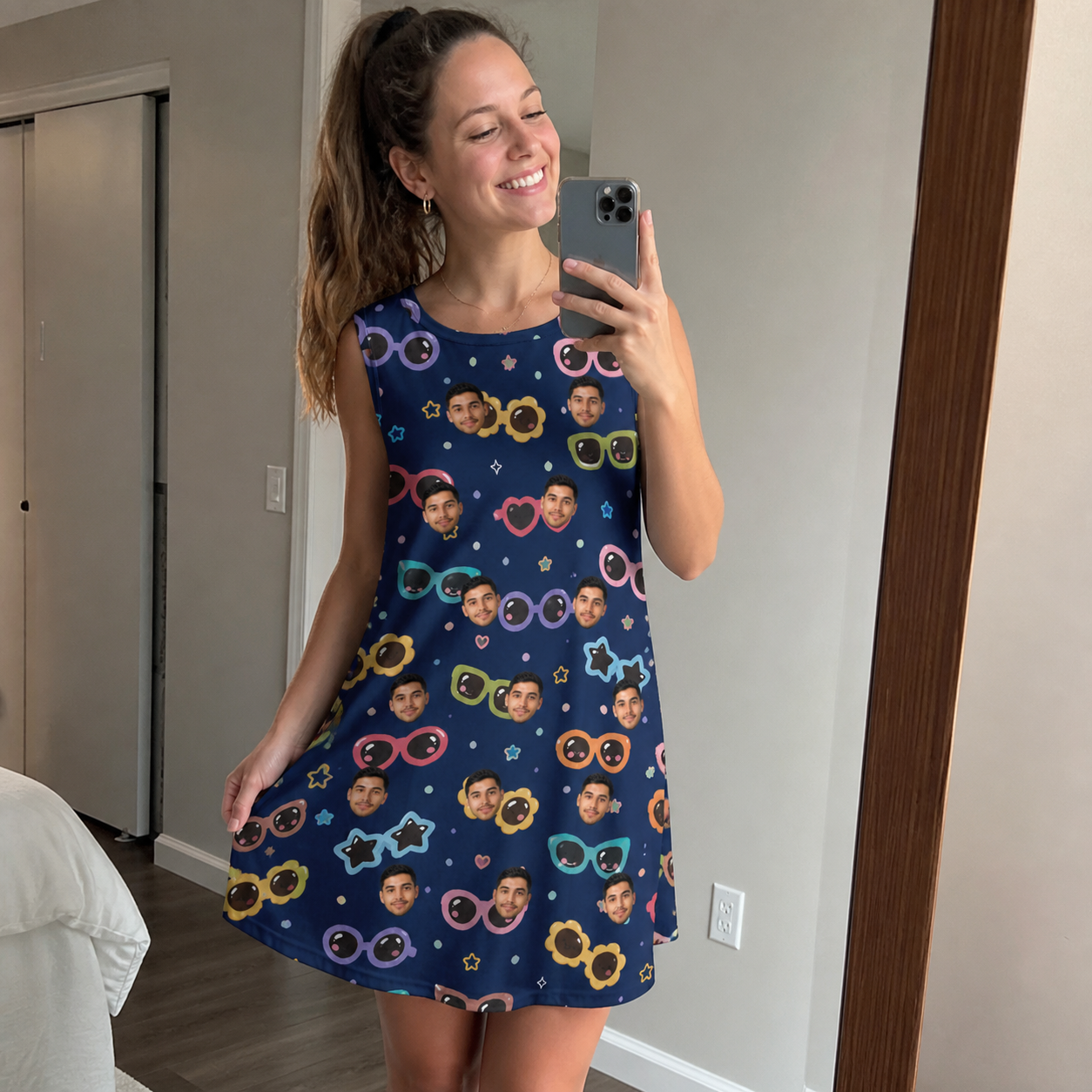 Real-life photo of someone wearing Women's Ray Reunion Custom Face Tank Dress — custom faces printed all-over