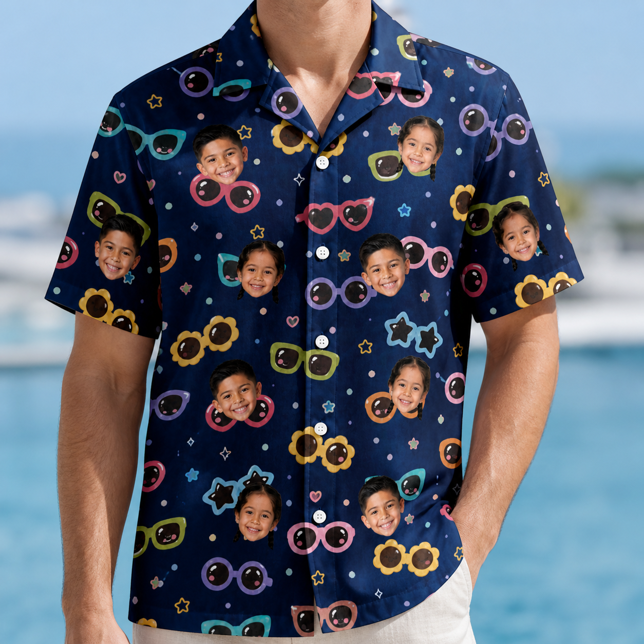Model wearing Men's Ray Reunion Custom Face Hawaiian Shirt printed with kids' faces