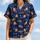 Model wearing Women's Ray Reunion Custom Face Hawaiian Shirt printed with kids' faces