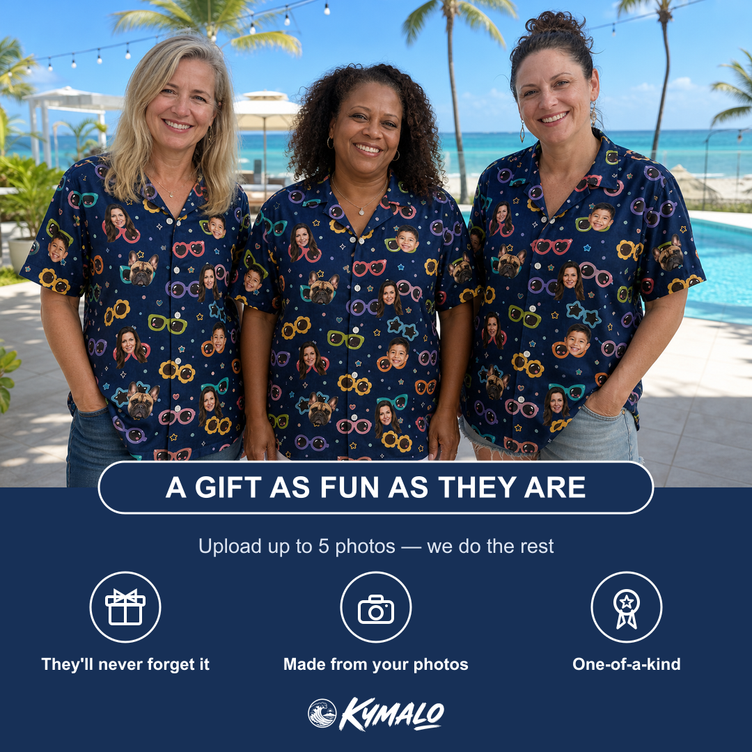 Friends in matching Women's Ray Reunion Custom Face Hawaiian Shirt — a group gift photo
