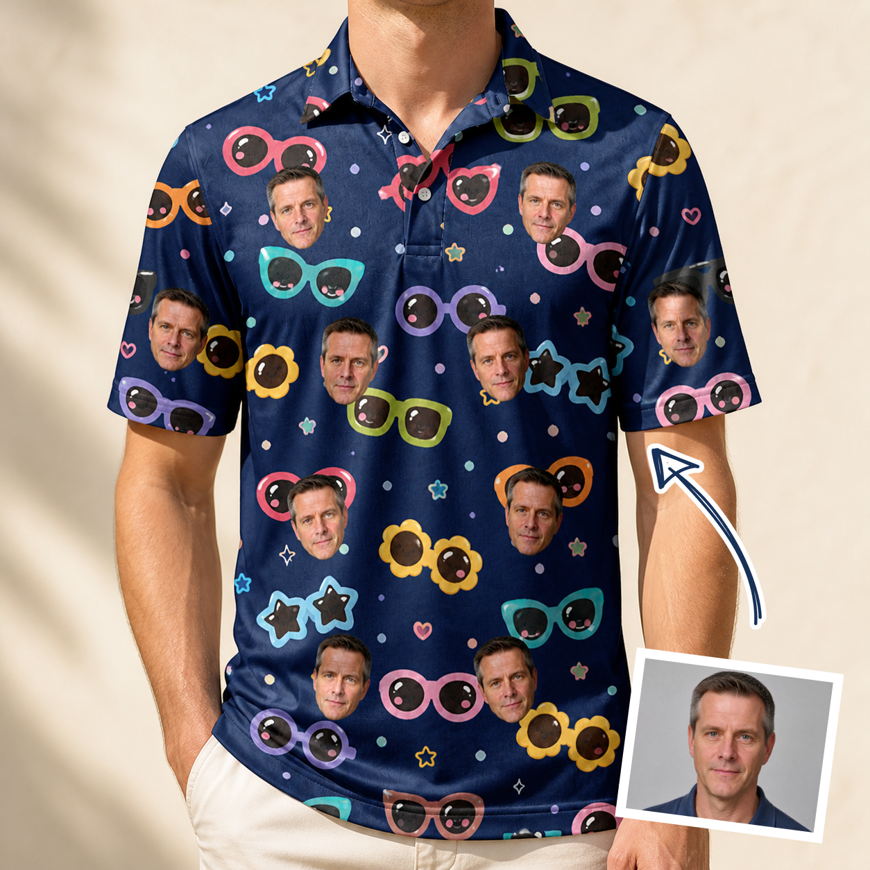 Man wearing Men's Ray Reunion Custom Face Polo Shirt — custom faces printed all-over