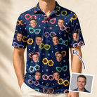 Man wearing Men's Ray Reunion Custom Face Polo Shirt — custom faces printed all-over