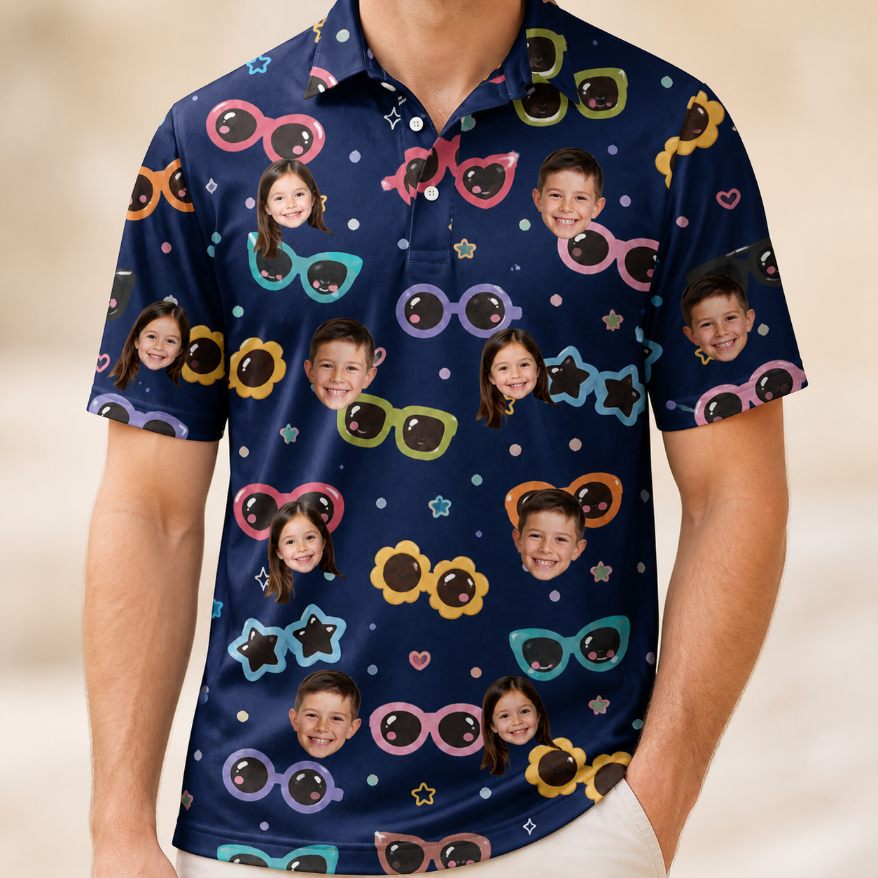 Model wearing Men's Ray Reunion Custom Face Polo Shirt printed with kids' faces