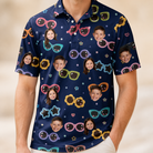 Model wearing Men's Ray Reunion Custom Face Polo Shirt printed with kids' faces